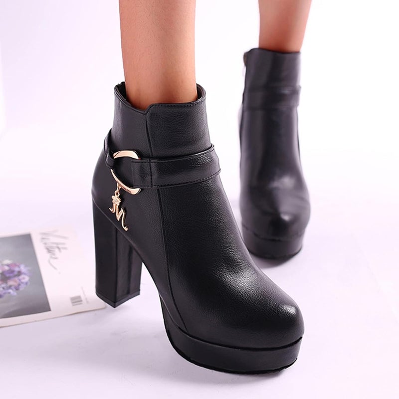 woobles Winter Boot for Women,Women Round Toe Platform Booties Ladies Cute Chunky High Heel Snow Ankle Boot Wedge Zipper Slip On Boot Causal Walking Dress Shoe, Black - Image 5